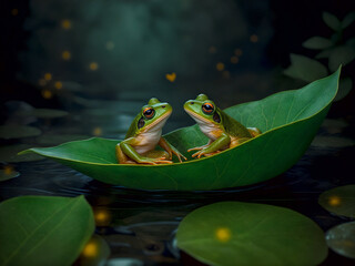 A fictional illustration of a pair of frogs in love floating on a boat along a forest river in a foggy night forest. A Valentine's day card. Love is everywhere.