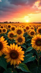 Obraz premium Sun dips below horizon, casting long shadows across a sea of sunflowers Intense color palette , shadows, scenic, purple
