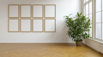 Fototapeta premium Minimalist White Wall with Wooden Parquet Flooring and Empty Picture Frames