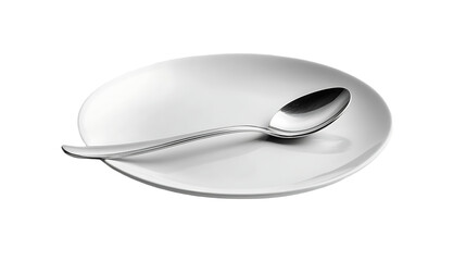 A simple white plate with a shiny spoon resting on it, ready for serving food.