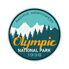 Olympic National park emblem badge patch logo design with vintage mountain, pine tree, snow, vector illustration