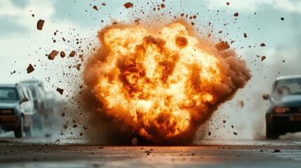 A chaotic blast sends debris scattering into the air on a desolate road, demonstrating force and destruction, while capturing the moment of uncontrollable energy.