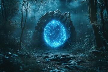 Fototapeta premium Mystical Blue Portal in a Dark Forest Setting