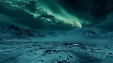 Aurora Borealis illuminates a snowy mountainous landscape at night