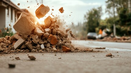A close-up view of debris scattering from the ground captures the intense moment of destruction, representing the inherent chaos and unpredictability of disaster.