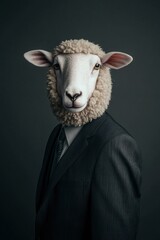 a sheep wearing suit against dark background