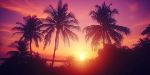 vibrant sunset background with silhouettes of palm trees
