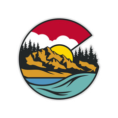 Colorado Flag Mountain emblem badge patch logo design with mountain Cloud, pine tree, Mount Peak, Evergreen lake landscape, vector illustration