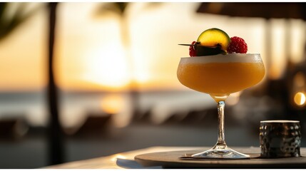 A Close-Up of a Frozen Daiquiri Cocktail Displaying Vibrant Shades of Yellow and Green, Perfectly Garnished with Lime and Berries Against a Sunset Background