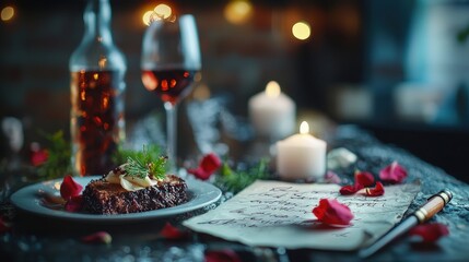 Vintage Love Letter with Romantic Dinner Setting Featuring Handwritten Note, Gourmet Dessert, Wine Glass, and Soft Candlelight in a Cozy Atmosphere