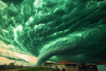 Nature's fury is on display as a tornado forms under a striking green sky.