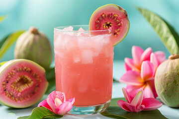 Refreshing Guava Juice in a Glass with Guava Slices and Straw, Tropical Beverage in a Beach Setting