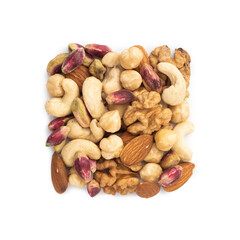 A square arrangement of raw mixed nuts including Iranian walnuts, hazelnuts, almonds, pistachios, and cashews, placed on a white background. A healthy and nutritious snack option.