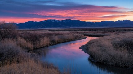 Serene Sunset Over Mountain River Landscape