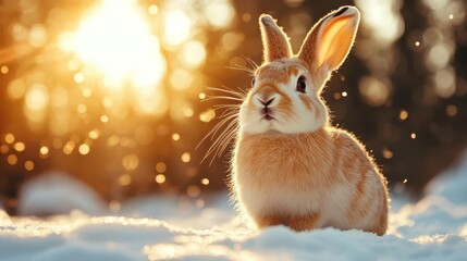 An adorable bunny explores a snowy landscape, glistening in the sunlight of a vibrant winter afternoon, evoking feelings of joy and playfulness amidst the frost.
