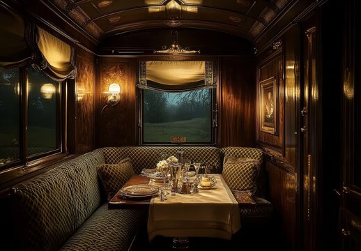 Luxurious interior of a 19th-century train dining car. 