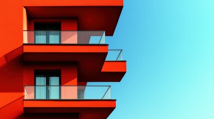 This image features an artistic display of red balconies juxtaposed with a tranquil blue sky, emphasizing modern design aesthetics and bold color choices.