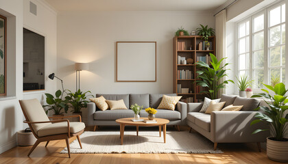 stock photo features a cozy living room with a comfortable sofa, bookcase, chair, and house plants, creating a warm and inviting atmosphere.
