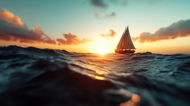 A serene evening at sea shows a sailboat silhouetted against a stunning sunset, highlighting the beauty of nature and the peace of a nautical journey.