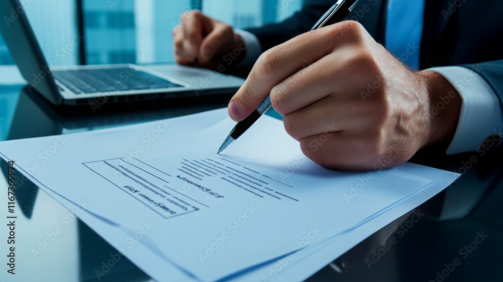 Poster a professional setting where a person is reviewing and signing documents, with a laptop in the backg