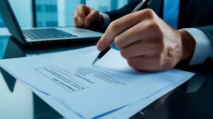 A professional setting where a person is reviewing and signing documents, with a laptop in the background, showcasing a focus on work and productivity.