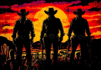 Obraz premium The iconic imagery of cowboys at dusk in the Wild West.