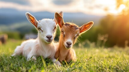 This charming image features two adorable baby goats cuddled together in a lush green meadow, basking in the warm glow of the sun during a peaceful evening.