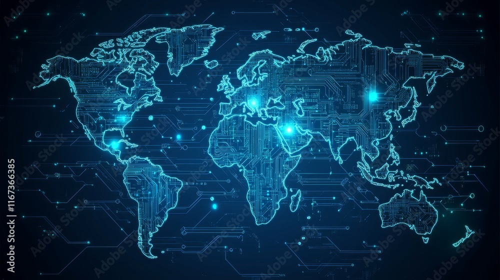 Aufkleber A digital world map with glowing blue circuitry elements, representing global connectivity and technology.