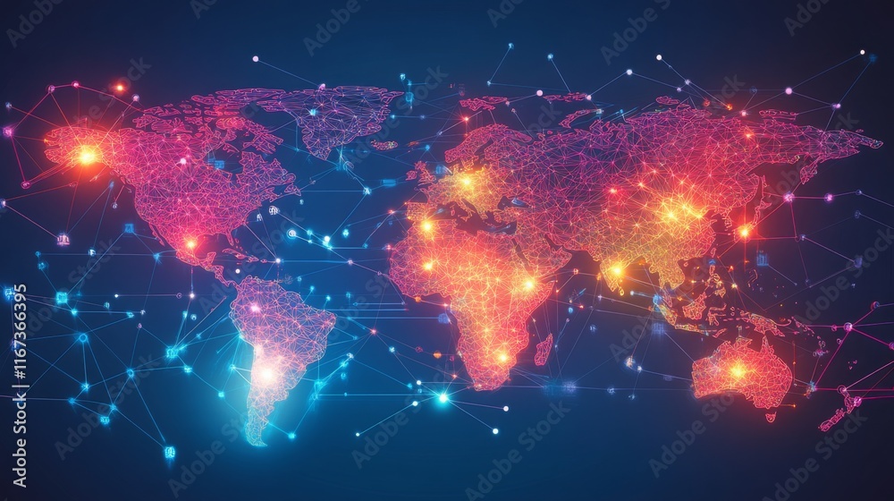 Poster a vibrant, digital world map featuring glowing connections, symbolizing global communication and dat