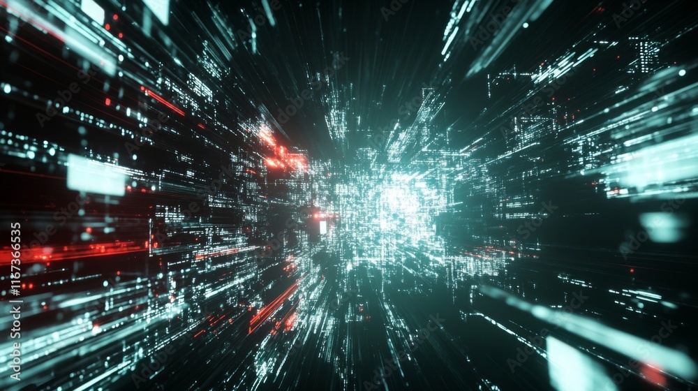 Fototapete A futuristic, abstract representation of data streams, featuring bright red and green lights moving rapidly through a dark digital space.