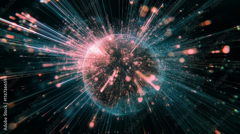 Poster a vibrant, dynamic depiction of a cosmic sphere surrounded by beams of light and energy, illustratin