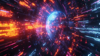 Obraz premium A vibrant digital depiction of Earth surrounded by dynamic, glowing data streams, representing the concept of cyberspace or virtual reality.
