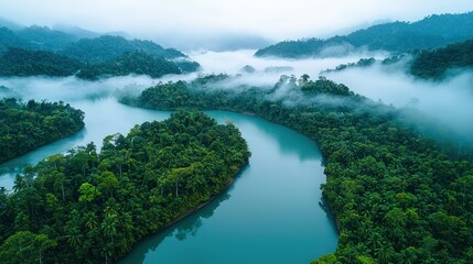Naklejka premium Misty river winding through lush rainforest at sunrise.