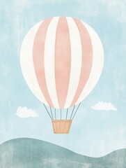 Vintage hot air balloon in pastel colors flying over rolling hills - ideal for spring decor