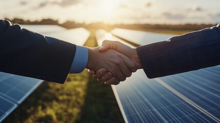 Two individuals shake hands in a solar farm, symbolizing partnership and commitment to renewable energy and sustainability under a sunset.
