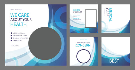 Set of social media post template for medical healthcare service. Digital marketing banner or flyer design with logo for hospital, clinic, dentist, doctor. Health promotion template
