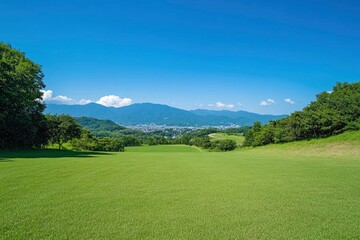Obraz premium The grassy hills of the lush green landscape with clear blue sky and mountains in background, green grass field, summer nature scene. A stunning view from above of Japanese countryside