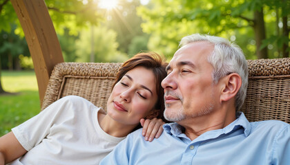 Fototapeta premium Elderly couple napping together on garden swing, peaceful relaxation