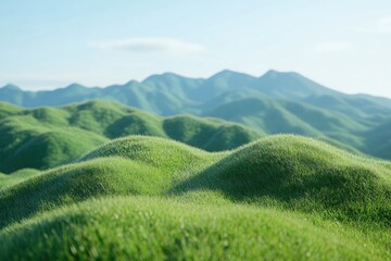 The grassy hills of the lush green landscape with clear blue sky and mountains in background, green grass field, summer nature scene. A stunning view from above of Japanese countryside
