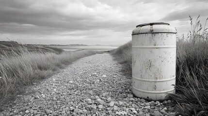 A white trash can sits on a gravel path in a field