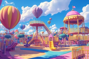 Fototapeta premium Whimsical Playground With Hot Air Balloons Floating Above