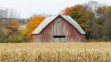 Obraz premium Rustic Red Barn Stands in Autumn Cornfield