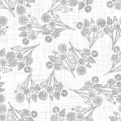 Fototapeta premium White neutral minimal floral bloom motif with linen effect texture for baby nursery seamless background. Modern muted simple soft pattern for wallpaper, home decor, white grey design. 