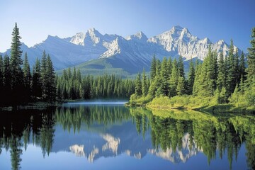 The majestic Rocky Mountain range stands tall and serene, reflecting in the crystal-clear waters of Lake Louise at sunrise. The surrounding pine trees add to its picturesque beauty