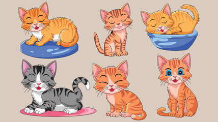 Funny kittens play with toys, sleeping , washing, stretching, scratching Flat isolated vector illustration