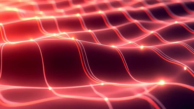 Abstract Red Grid: A mesmerizing abstract composition with glowing red lines forming a dynamic grid across a sinuous, undulating surface. This image evokes feelings of technology, data.