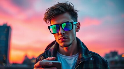 Double exposure portrait of a gen z male against vibrant colorful backdrop during sunset, sunset,...