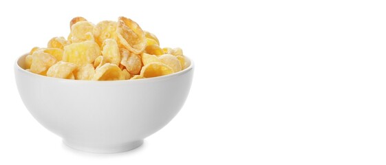 Bowl of tasty cornflakes on white background with space for text