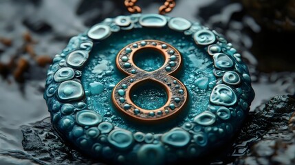 A blue and gold number 8 is floating in water