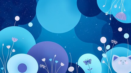Dreamy Blue Abstract Background with Cat and Flowers 